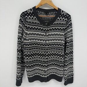 Talbots Cardigan Sweater Women L Grey Fair Isle Sequin Lambswool Fall Office